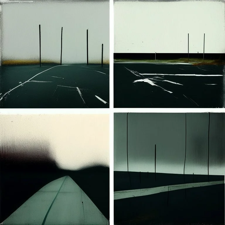 Minimal contemporary abstract oil paintings desolate 1960s carpark by neon. In the style of Justin Mortimer and Francis Bacon. road markings.