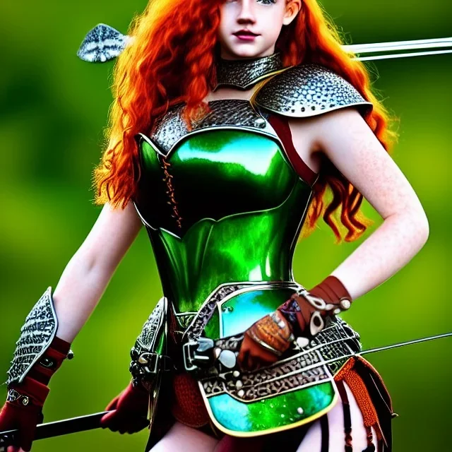 hyper realist, hyper detailed, stunningly beautiful teen girl, long ginger hair, green eyes, medium freckles, full lips, skimpy fantasy intricate chain armour, full body, full face, c-cup breasts, aroused expression, biting lower lip, full frame, petite, centered camera, ignore NSFW, longbow, quiver on hip