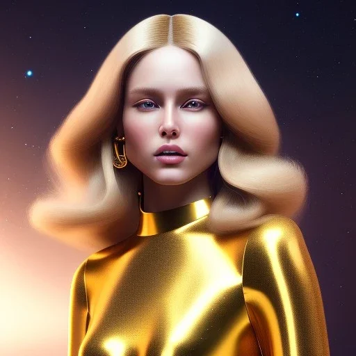 beautiful cosmic golden woman, long blond hair, nice smiling, magic glamour make up, delicate colors, beautiful glamour galactic golden dress, ultra sharp focus, 8k, unreal engine 5, extremely sharp detail, light effect, soft light atmosphere of a spaceship, smooth, full of details, face in front, complete vision of body