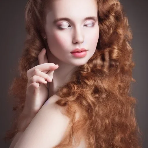 **Baroque painting, glamour shot of stunningly beautiful young female, long flowing light brown hair, 8K