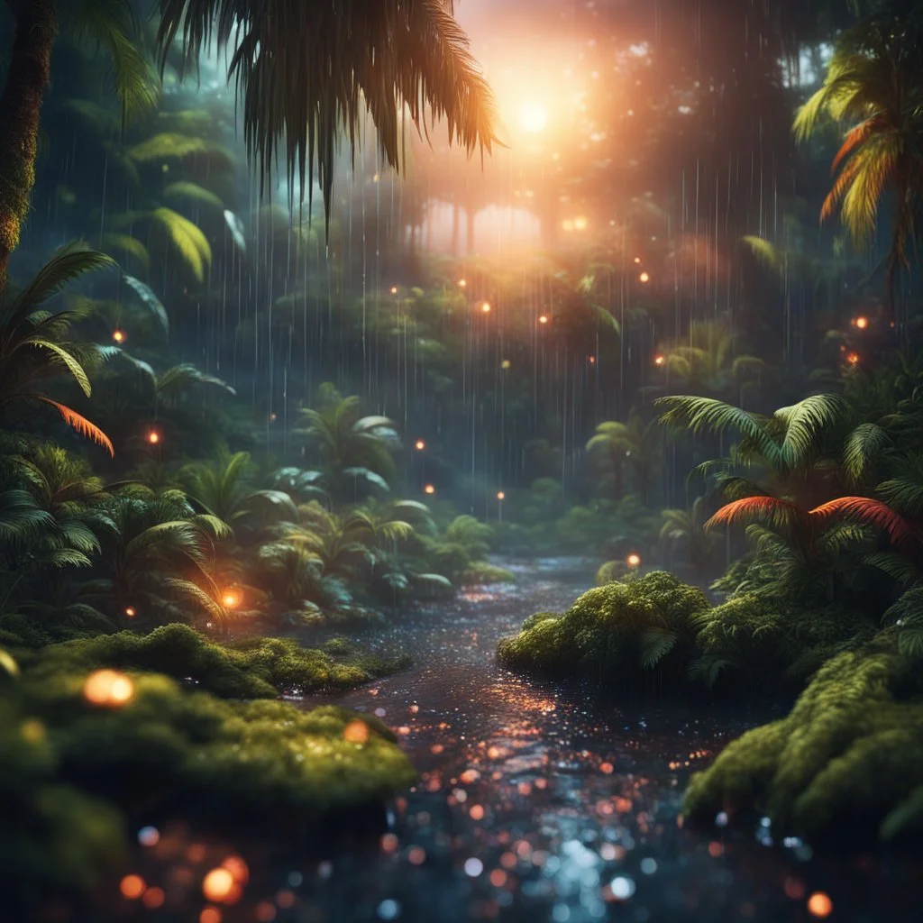 an epic extremely detailed of a rain forest island landscape, sunset background, sharp focus, high contrast, dark tone, bright vibrant colors, cinematic masterpiece, shallow depth of field, bokeh, sparks, glitter, 16k resolution, photorealistic, intricate details, dramatic natural lighting