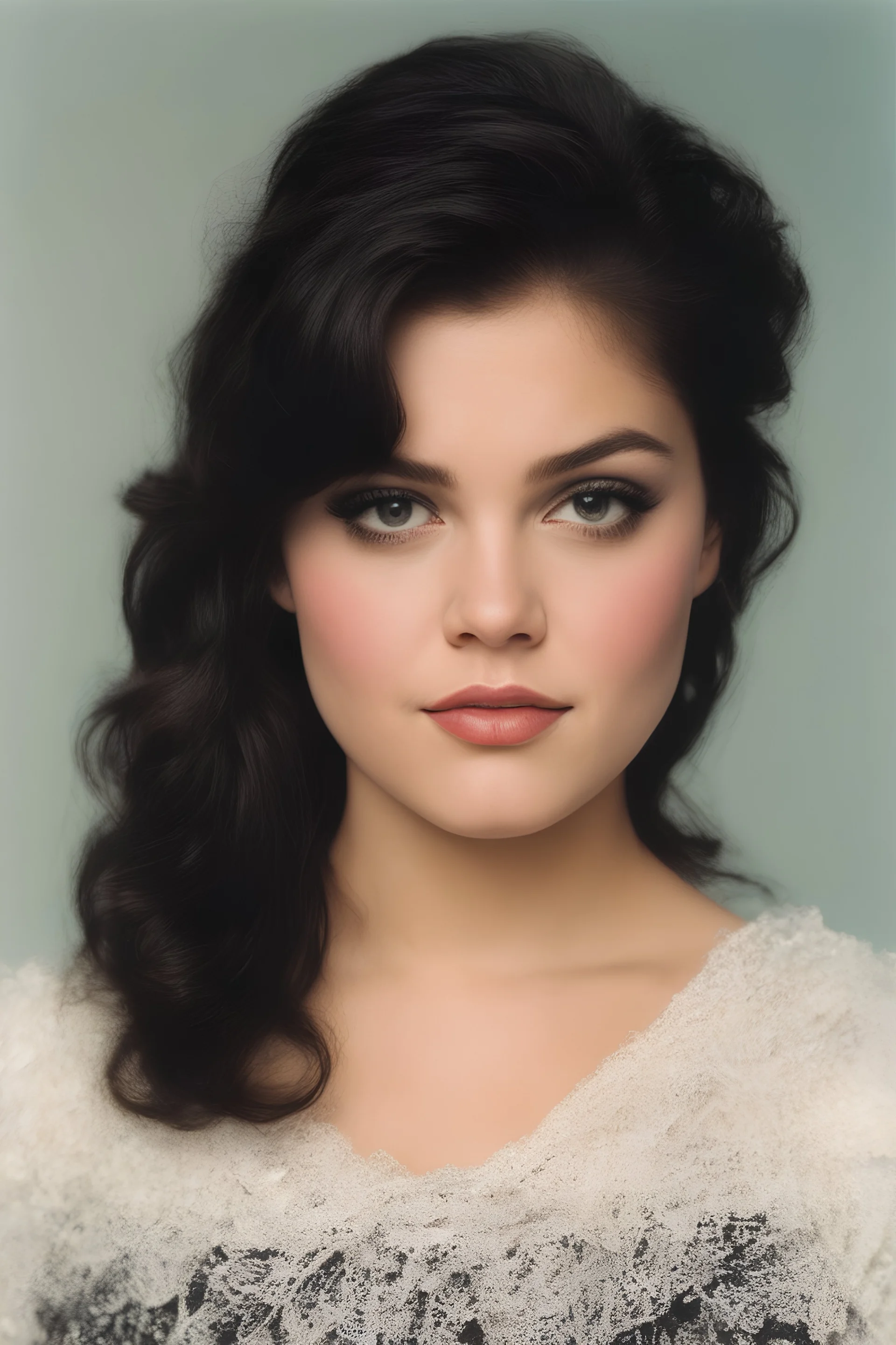 1980's yearbook photo, teenage girl, Ariel Winter, 18 years old, black hair, 80's hairstyle, photorealistic, --ar 9:16 --style raw,