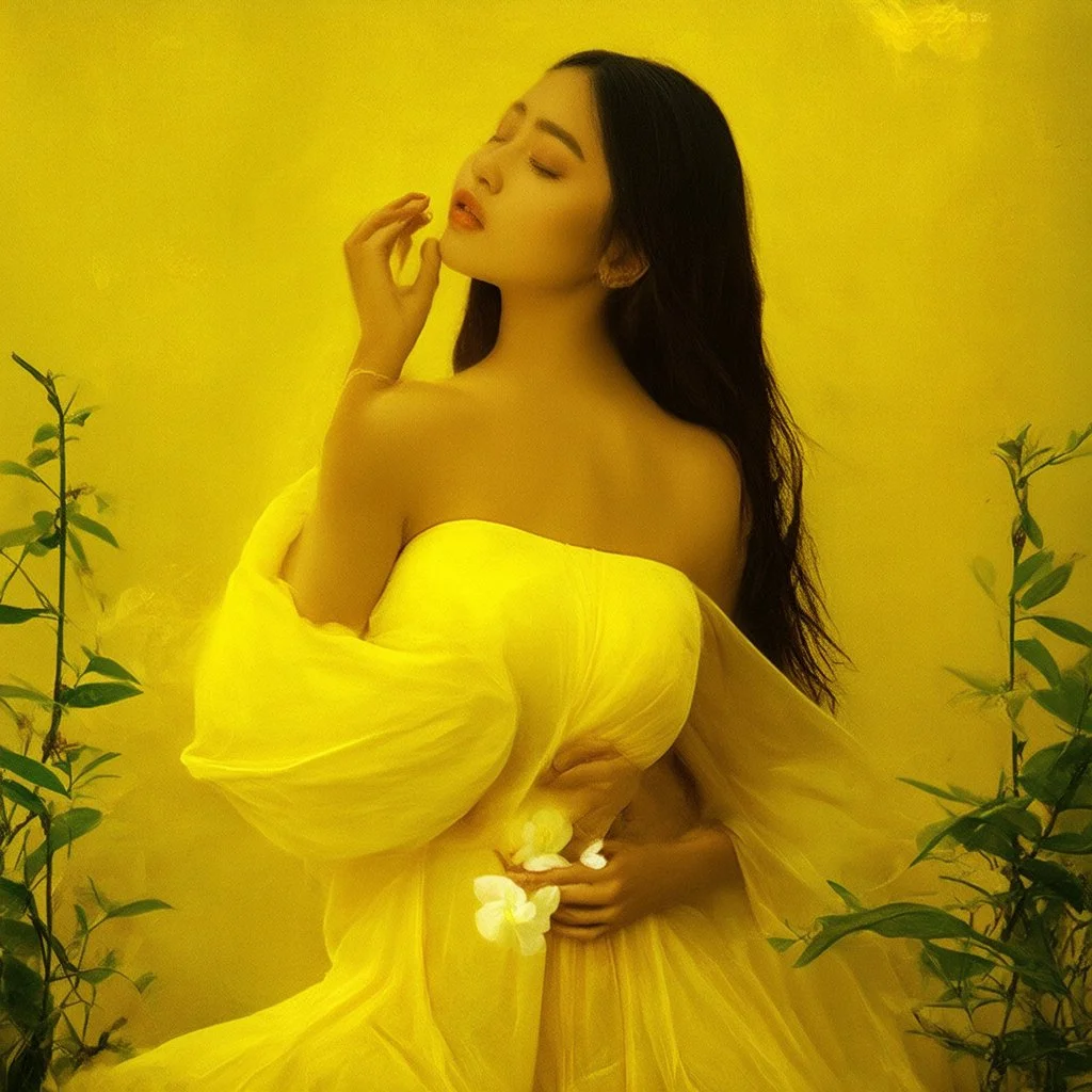 A mysterious and romantic photo quality artwork as cover art for a song with the title "do not disturb" , yellow oriental vibes