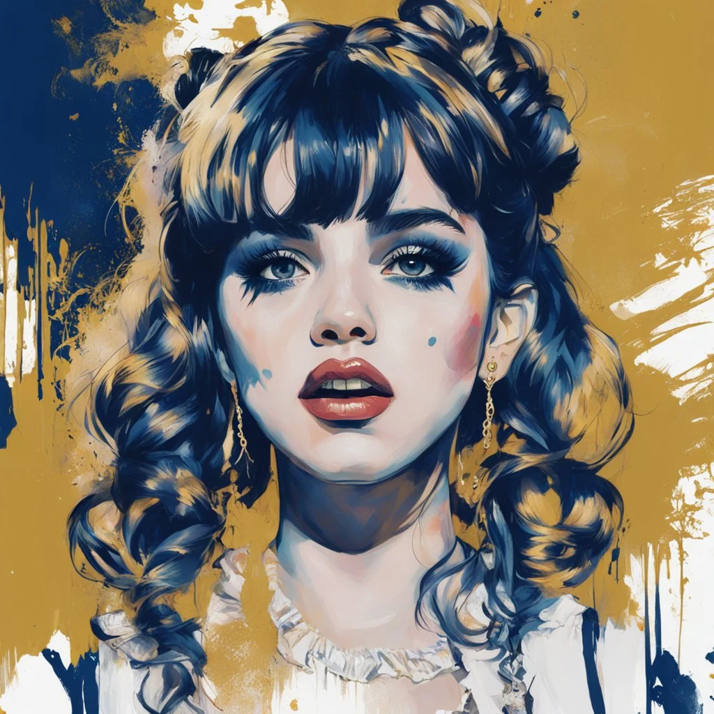 Poster in two gradually, a one side the Singer Danish MØ face and other side the Singer Melanie Martinez face, painting by Yoji Shinkawa, darkblue and gold tones,