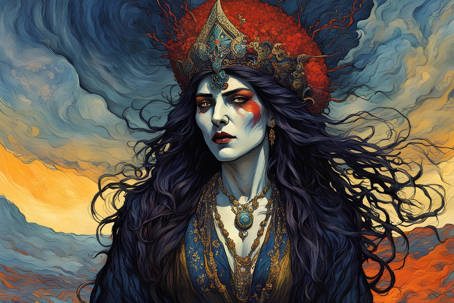 a darkly foreboding, full body, close up, portrait illustration of an , ancient immortal Romanian sorceress filled with dramatic overwhelming ecstasy , macabre, surrealistic, in the impressionist style of Childe Hassam, mixed with art nouveau, and abstract expressionism of Egon Schiele, and the comic art style of Jean-Giraud Moebius, highly detailed hair, facial features, and skin textures, in subdued natural colors