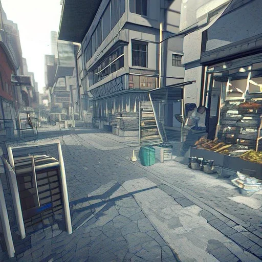 Realistic scene, shot view, streetMarket, soft color, highly detailed, unreal engine 5, ray tracing, RTX, lumen lighting, ultra detail, volumetric lighting, 3d, high definition, high resolution.