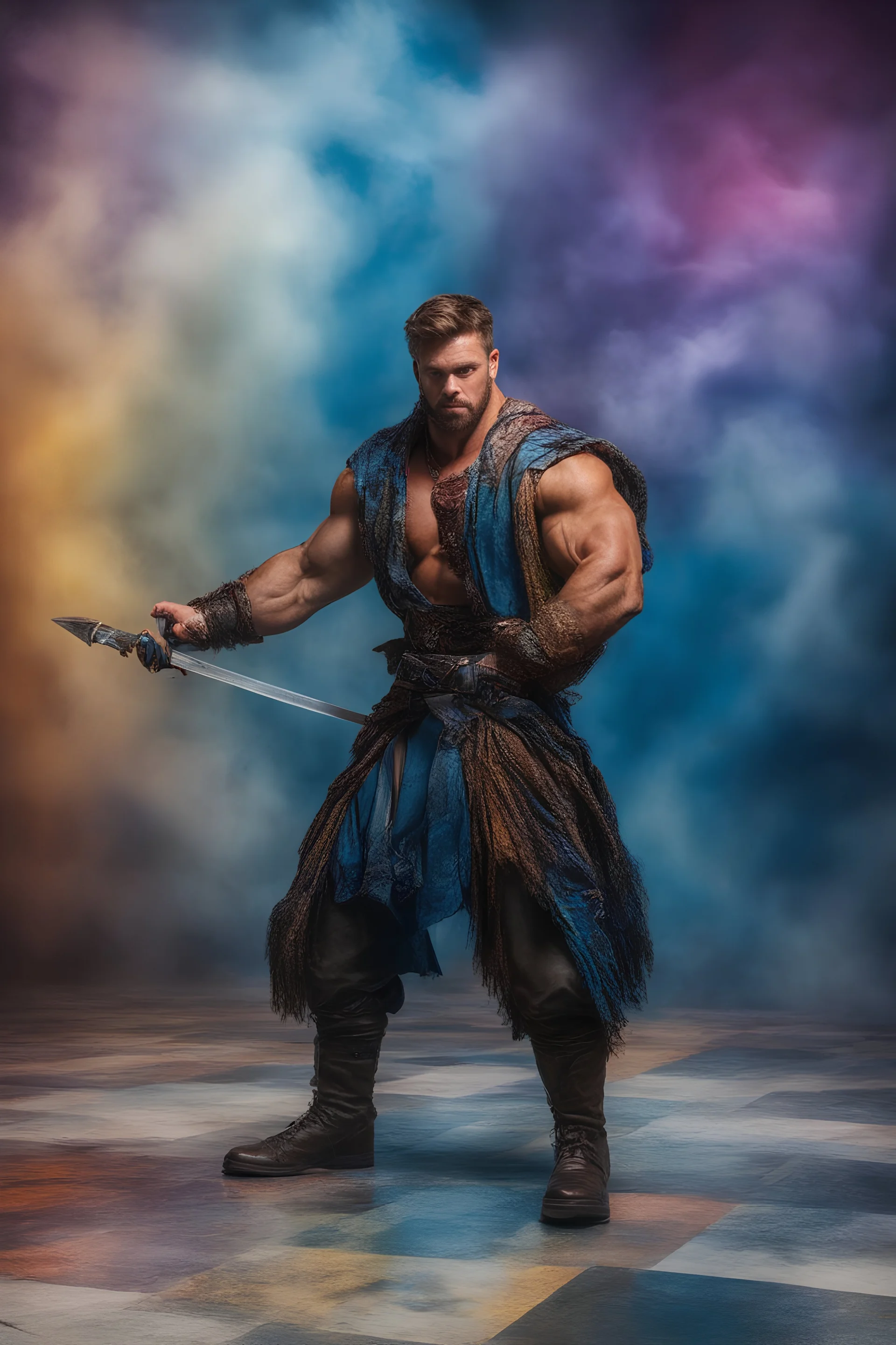 Connor Macleod, the Highlander, extremely huge, overexaggerated muscles, posing and flexing in a front of the camera, random extreme action poses, an extremely colorful, multicolored foggy blue marble wall in the background with a colorful marble tile floor, multicolored lightning, realism engine,