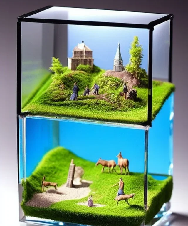 Tiny dioramas incased in a glass cube