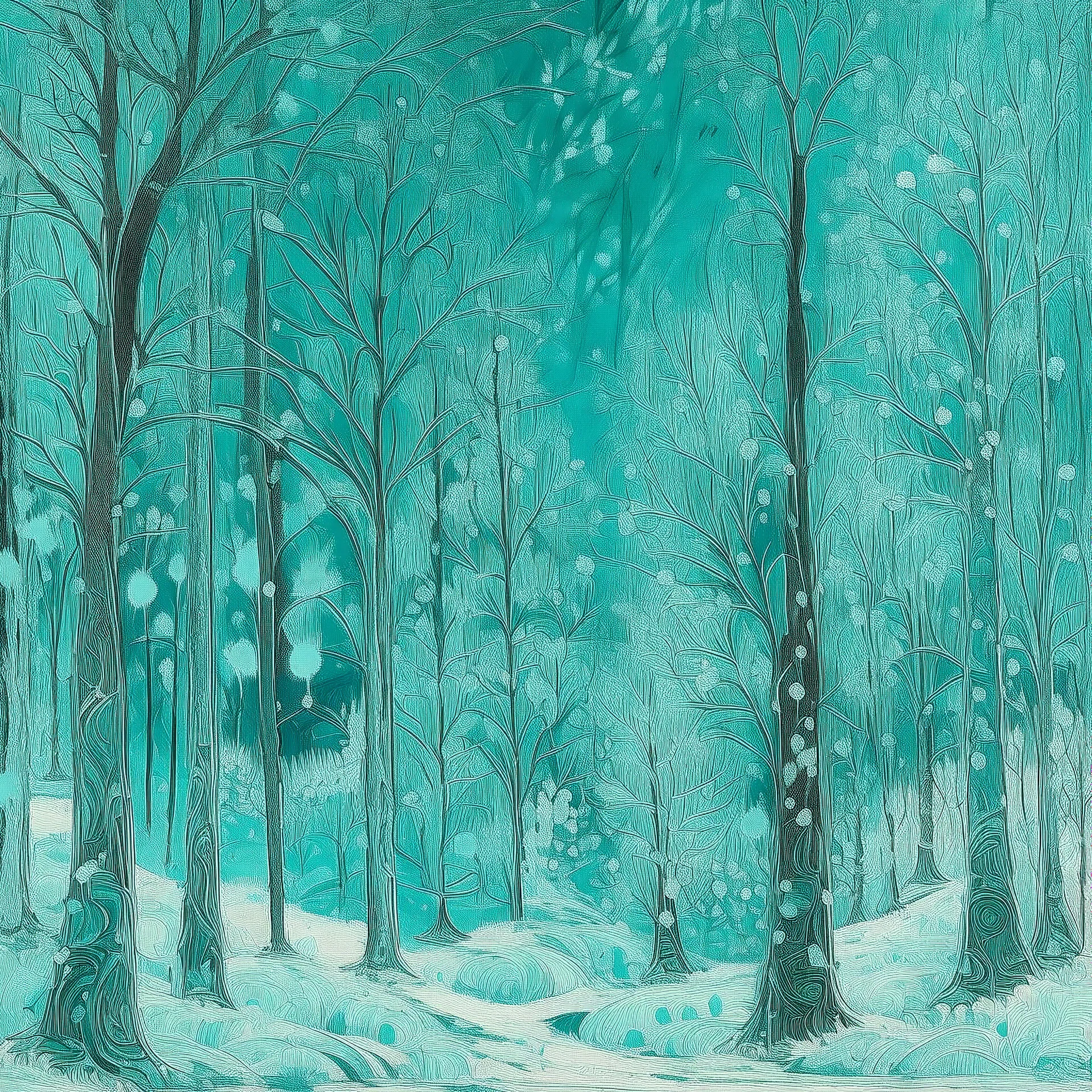 A cyan winter forest with falling snowflakes designed in Maori sculptures painted by Claude Monet