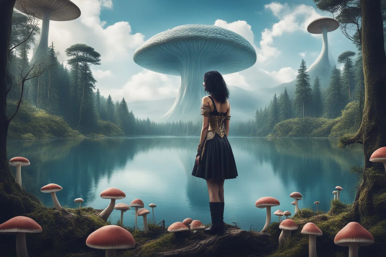 A skinny woman with a Cleopatra hairstyle, short skirt, and knee-high boots, looking out over a lake, in an alien forest, with tall cloud trees, flying mushrooms with octopus tentacles