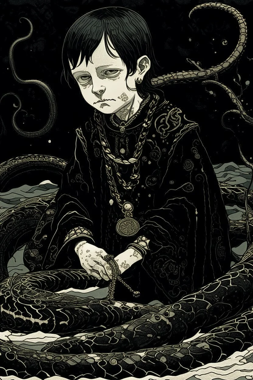 7 year old boy, necromancer, friendly, looks dead,with a long lamprey emerging from his belly , wearing black robes, in the style of Harry Clarke
