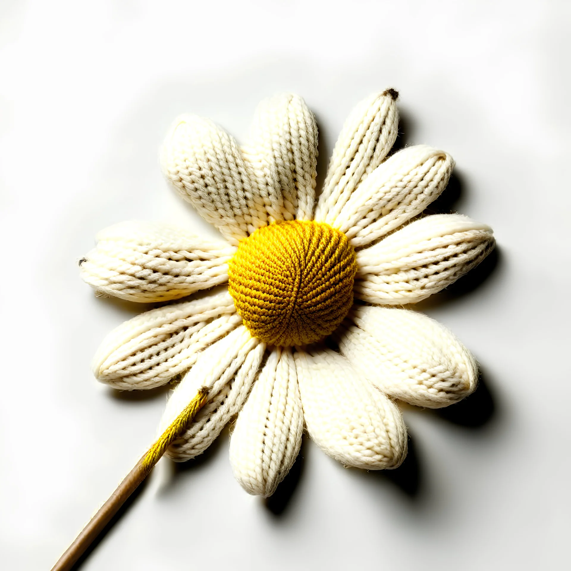 wool skein in the shape of a daisy flower, crossed by two crochet needles. front view. bottomless.