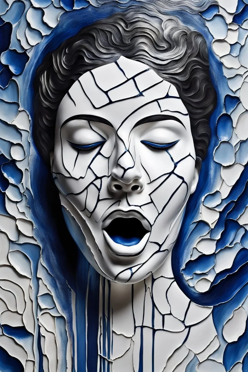 impasto paint portrait from blue and silver patterned chipped, cracked white porcelain human face with closed eyes and screaming mouth, high detalied, sharpen, crepy stunning, paint with fine line art, surreal, blur background