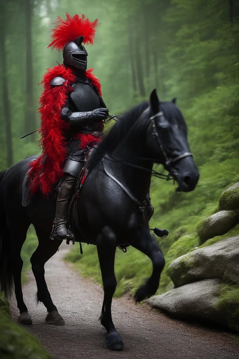 portrait of black knight on horse with red feather on stone bridge in mountain pass in forest,shot on Hasselblad h6d-400c, zeiss prime lens, bokeh like f/0.8, tilt-shift lens 8k, high detail, smooth render, down-light, unreal engine, prize winning