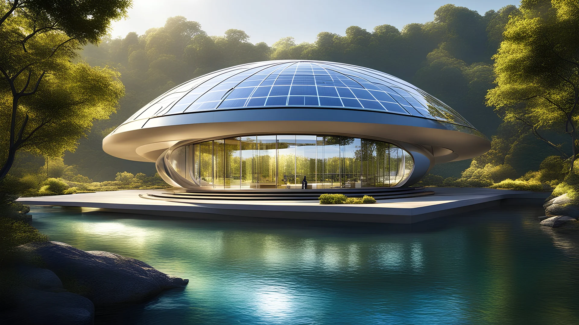 6003. Innovative environmentally-friendly home on an exo-planet, solar panels, water wheel in river, alternative energy, scientific experiment, home of the future, fantasy, robotic, automated, spectacular, futuristic, beautiful lighting, attractive composition, photorealistic, extremely detailed, chiaroscuro