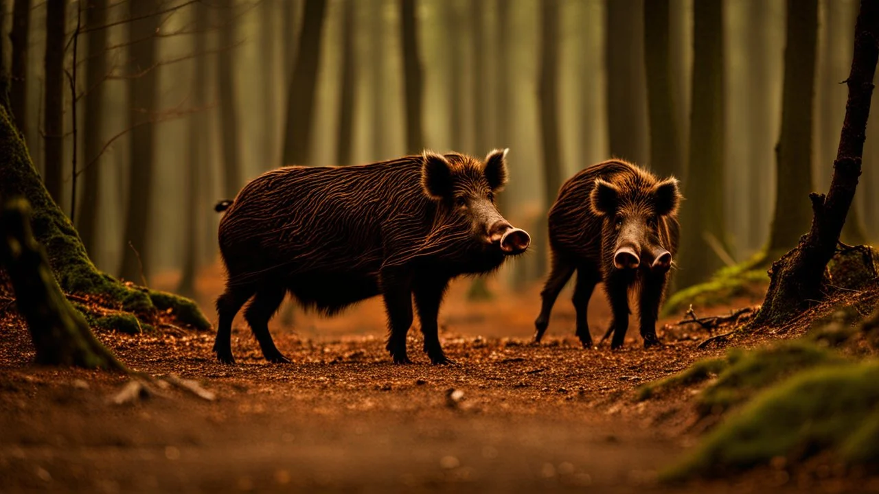 wild boars with long tusks in woodland