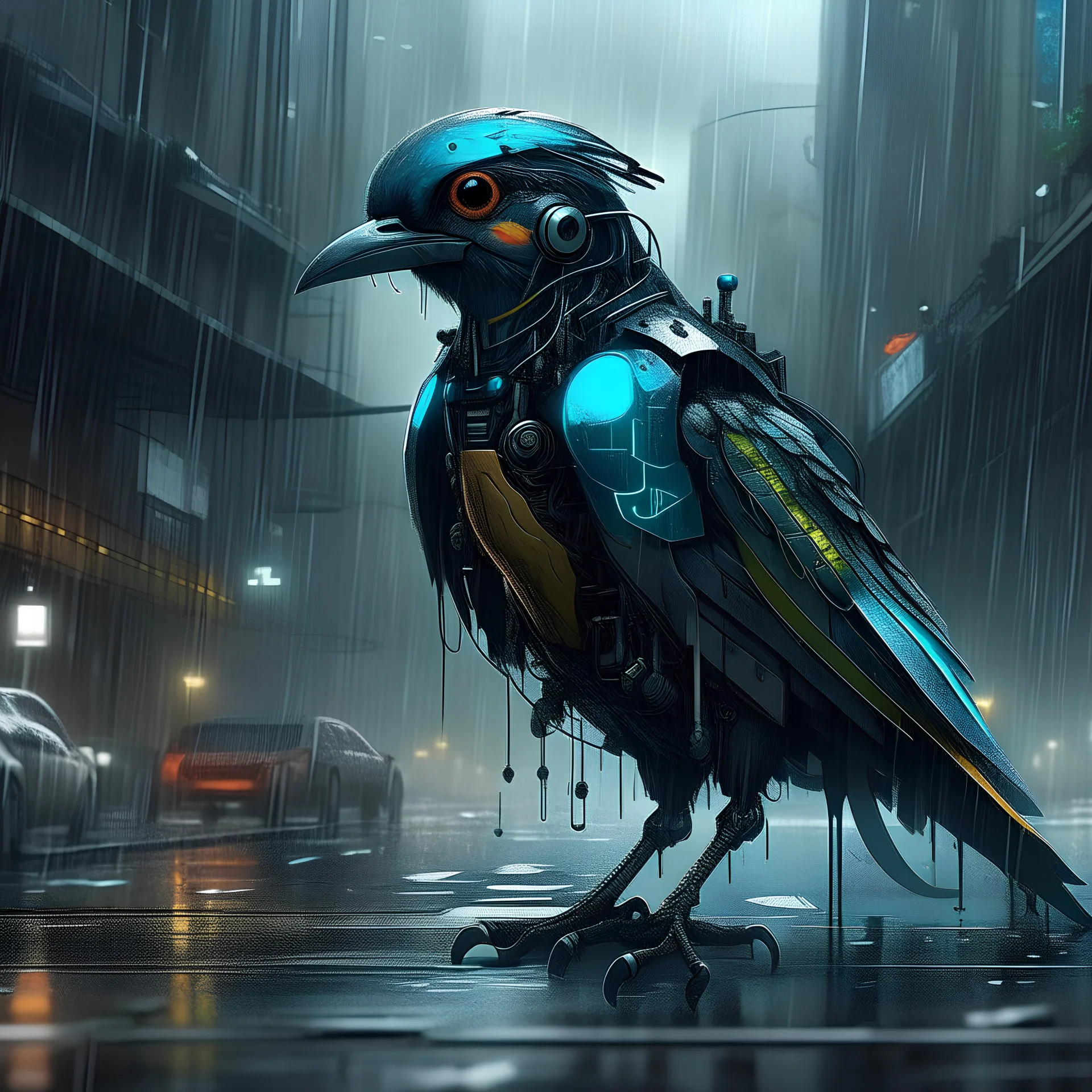 cyberpunk bird cyborg in a rainy city