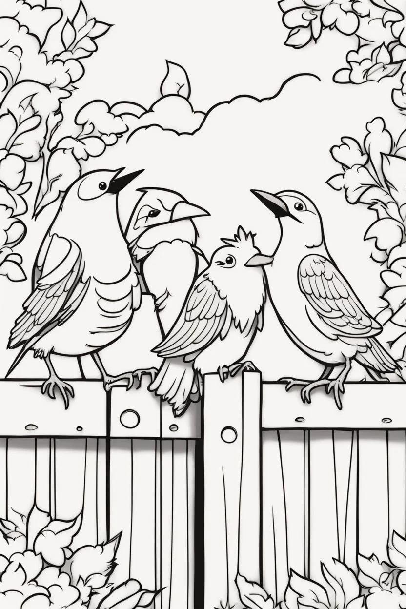 coloring page, birds on a fence, cartoon style, thick lines, low detail, no shading