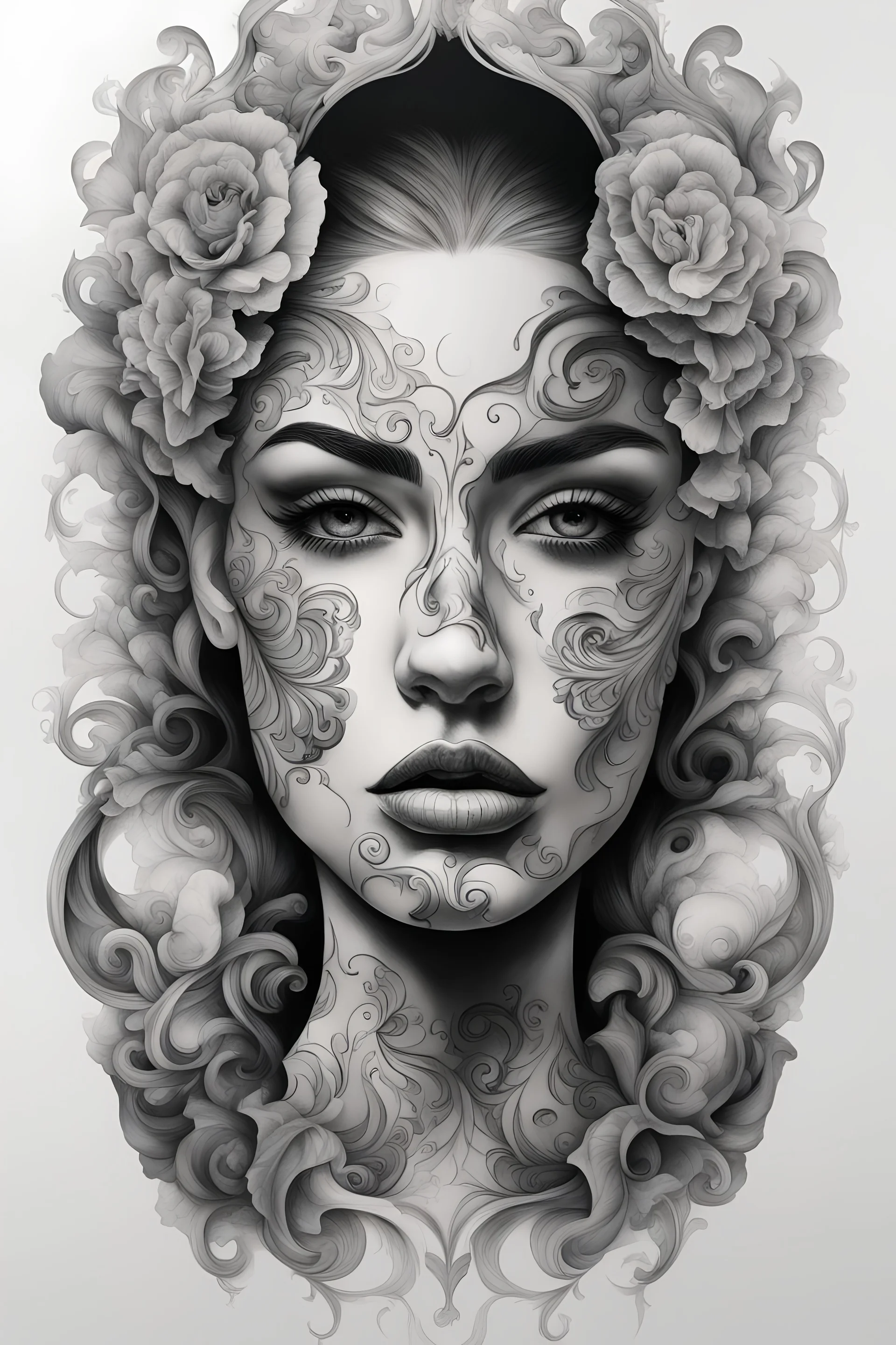A realistic drawing in negative space black ink on white background of a beautiful women with abstract face tattoos to enhance her face in a mirror baroque with very defined and correct details and brushstrokes smoke around it