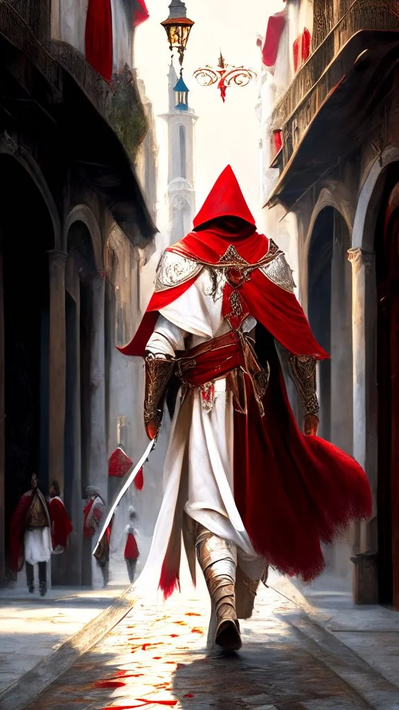 Assassin creed con dagas y espadas detalles en los pantalones en el pecho y en las botas caminando por Venezia capa pintura al óleo estilo renacentista hiperdetallado detalles intrincados obra de art vista frontal capa blanca y rojo 8k