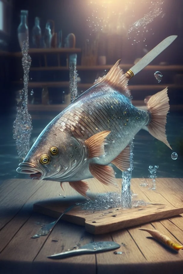 portrait of a beautiful genius fish with hands and fingers, down in the sparkly water, producing a wooden table and a big knife, 3d rendering, depth of field