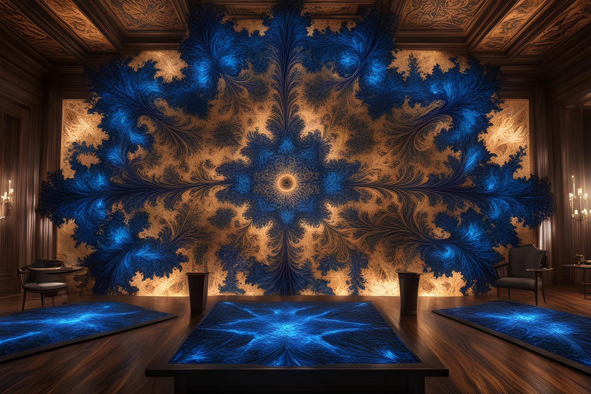 full body shot, centered, (topical view:1.5), fractal pattern burned into a lavish dining room table using the Lichtenberg technique, fractal burning, dark wood with electric blue fractal burn, 8k, DSLR, professional photography, intricate detail, ultra detailed, trending on artstation, deviantart, dynamic lighting, sharp focus