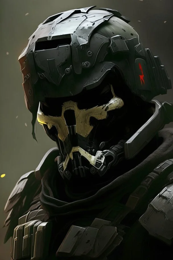 A soldier in the game Titan Fall 2 , he wears a BLACK skull helmet that covers his face, the helmet looks like a skull and is black, he is a rifleman, and his callsign is Titan. His colors are black and dark olive