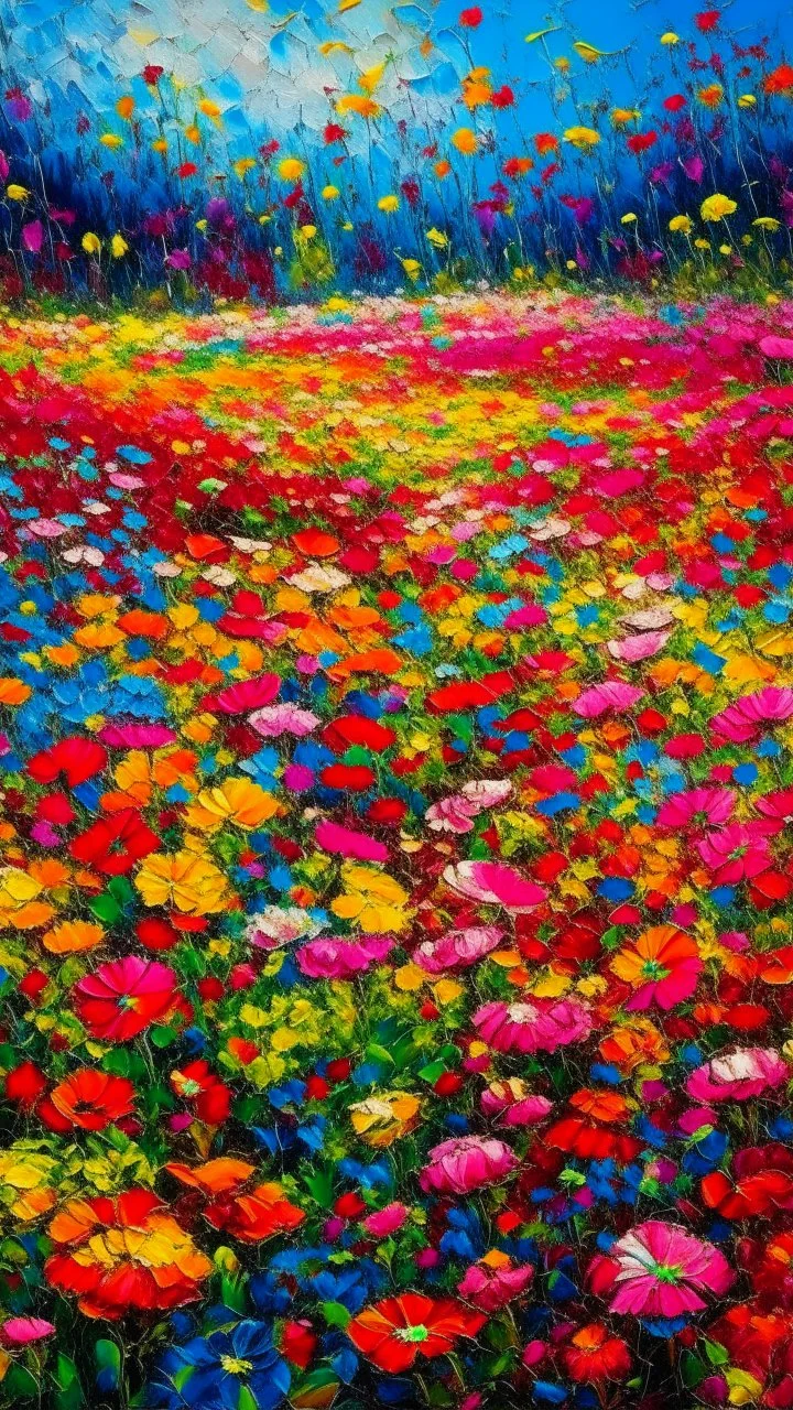 A picture field of flowers made of a plastic painting with colors that express joy 8k