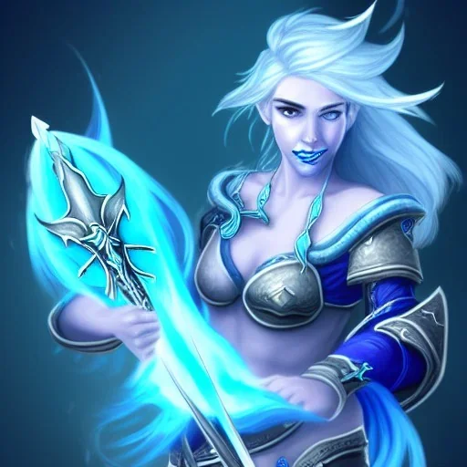 [Sea Elf] [Maormer] Hero Queen with [white hair] and [blue skin] wielding a blue glass gretsword on a ship with crew [fantasy] [realism] [Elder scrolls]