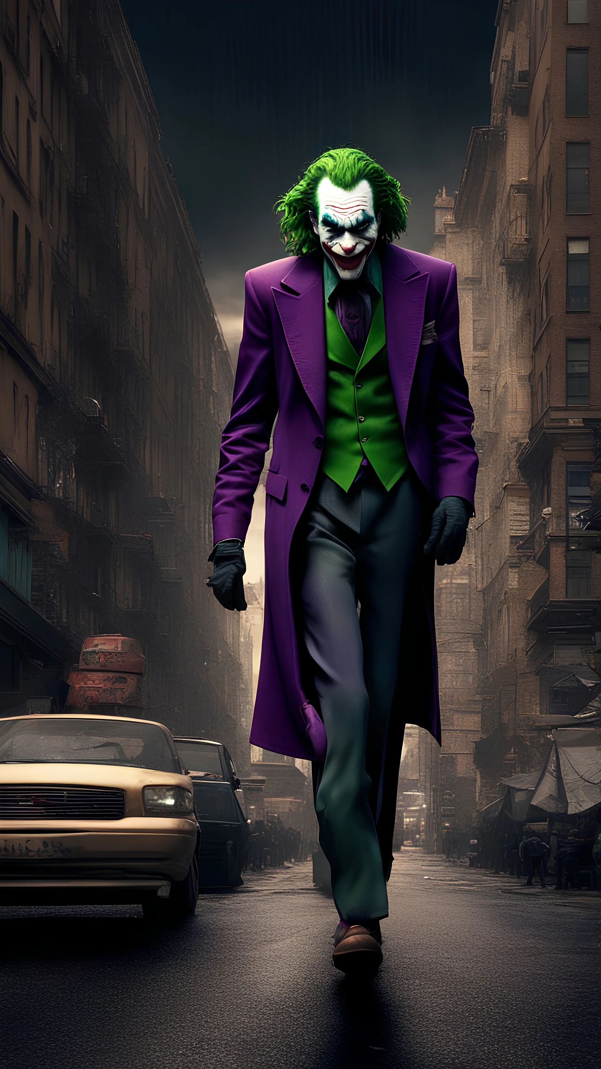 Joker, as he stands in the middle of the street, his face contorted into a menacing snarl, and the caliph of a dark street, hyper realistic, 8k, ultra hd, pixar style, disney stile, cinema 4d, --ar 3:2