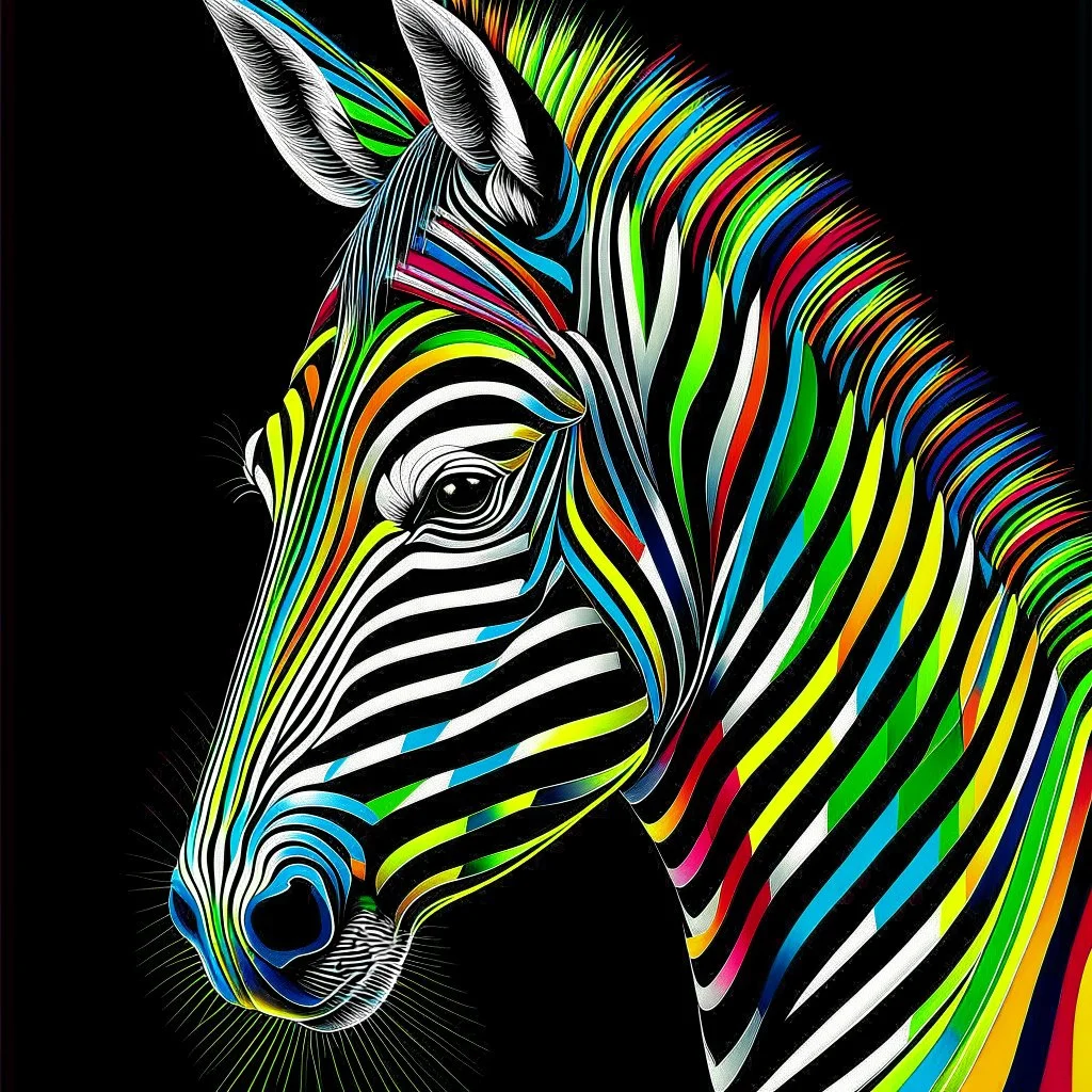 striking conceptual Op Art masterpiece by Heimo Zobernig, featuring intricate manipulation of vivid colorful stroke width and spacing to create a mesmerizing optical illusion of distorted vertical stripes. These stripes evoke a sense of depth and volume, serving as a captivating backdrop for the enigmatic, dark-fantasy inspired colorful zebra's head. The zebra head is rendered with a compelling blend of 3D rendering, photorealism, and painterly technique, exuding an air of