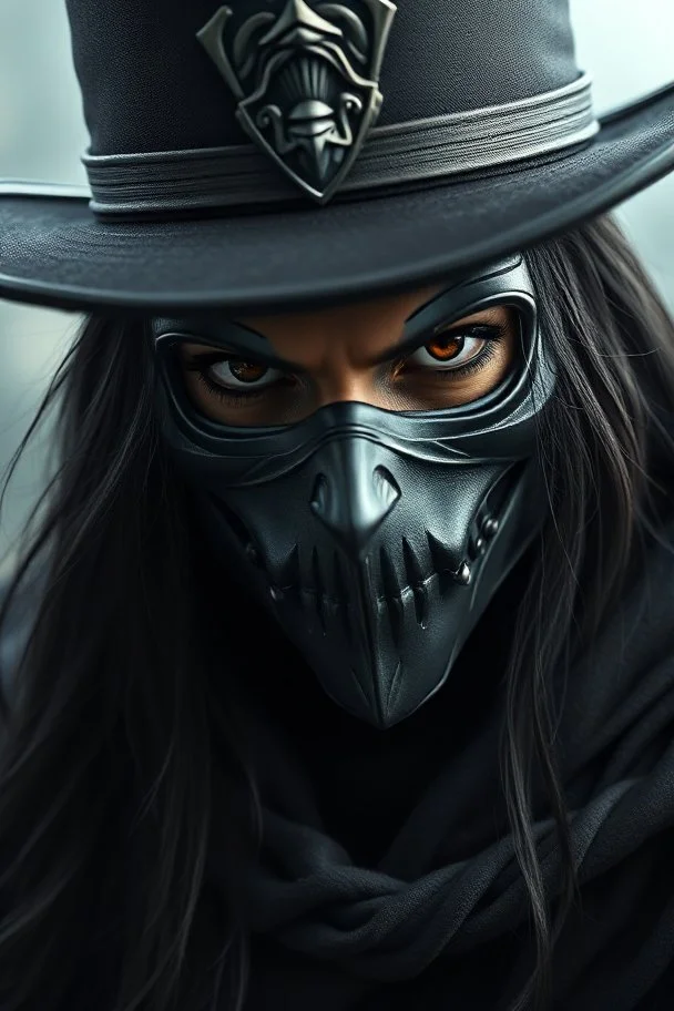 ZORRO , with black eyes mask and hat , up close, fantasy, High details, realistic design, dark vibes, 8k, male, long black hair