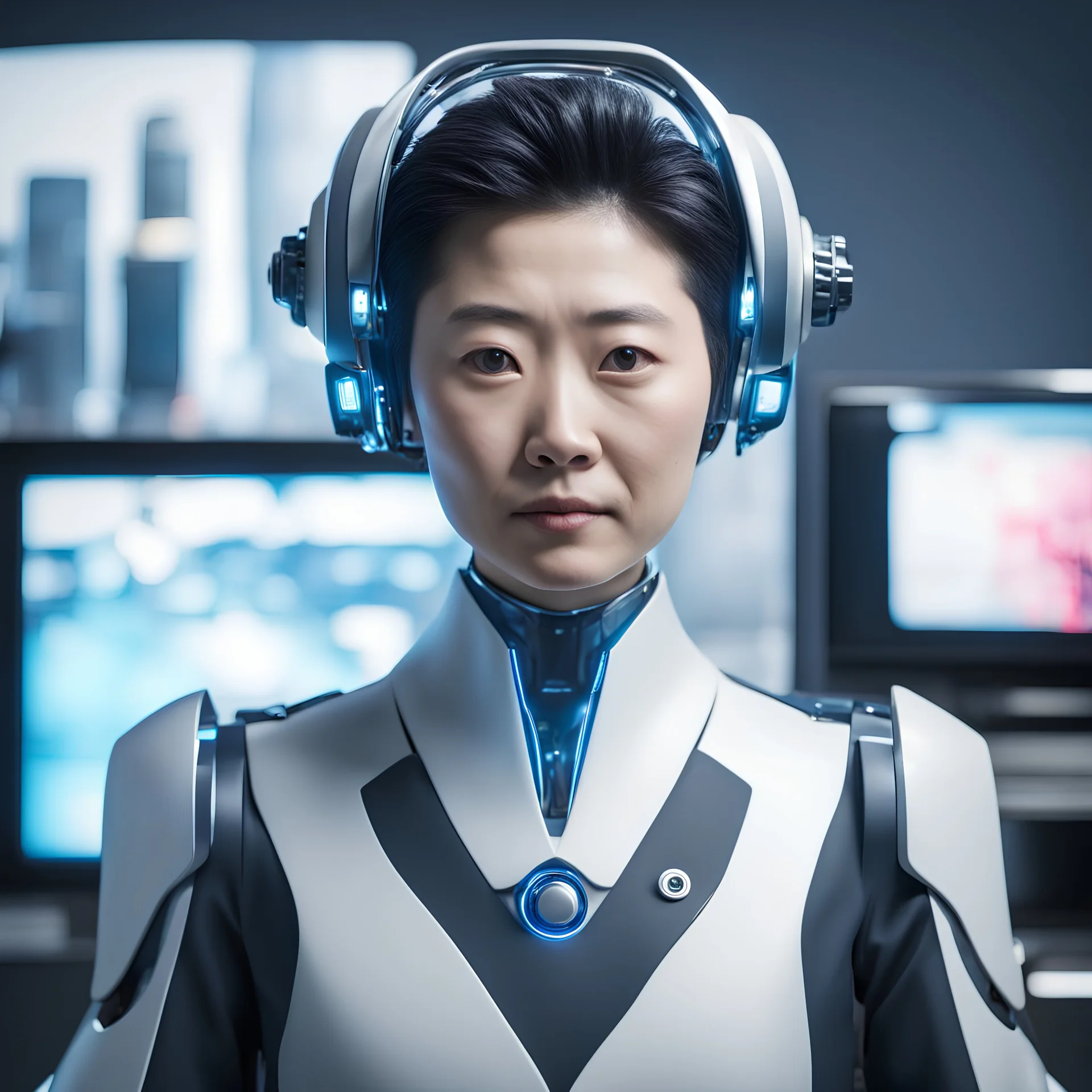 AI mayor, Japan, TV, facing the camera, futuristic