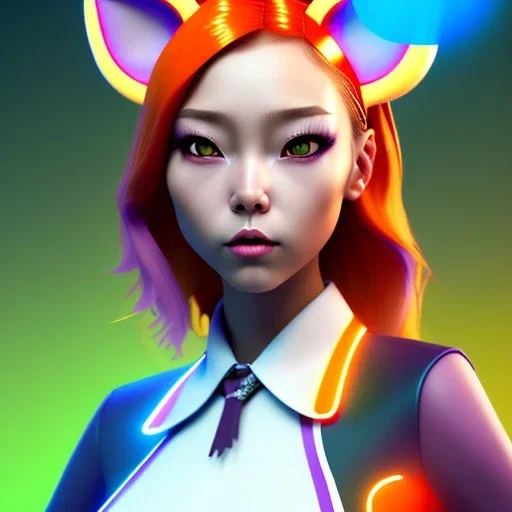 waitress teenager, asian race, cat ears latex headband, rounded face, orange hair, short hair, light makeup, striped shirt, vibrant color, highly detailed, gradient background, concept art, smooth, 16 bit, unreal engine 5, god rays, ray tracing, RTX, lumen lighting, ultra detail, volumetric lighting, 3d, finely drawn, high definition, high resolution.