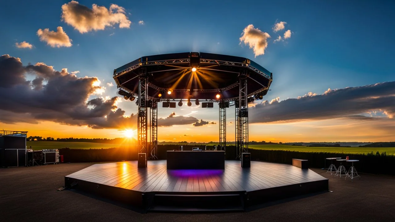 a big open disko stage in country side environment , at distance,blue sky pretty clouds ,sunset ,golden hour,closeup.