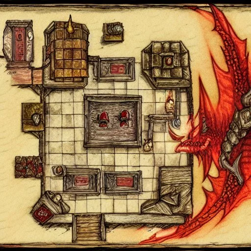 dnd, fantasy, battlemap, map of a tavern, top-down, demonic tavern, red, illustration, watercolour, parchment, fire