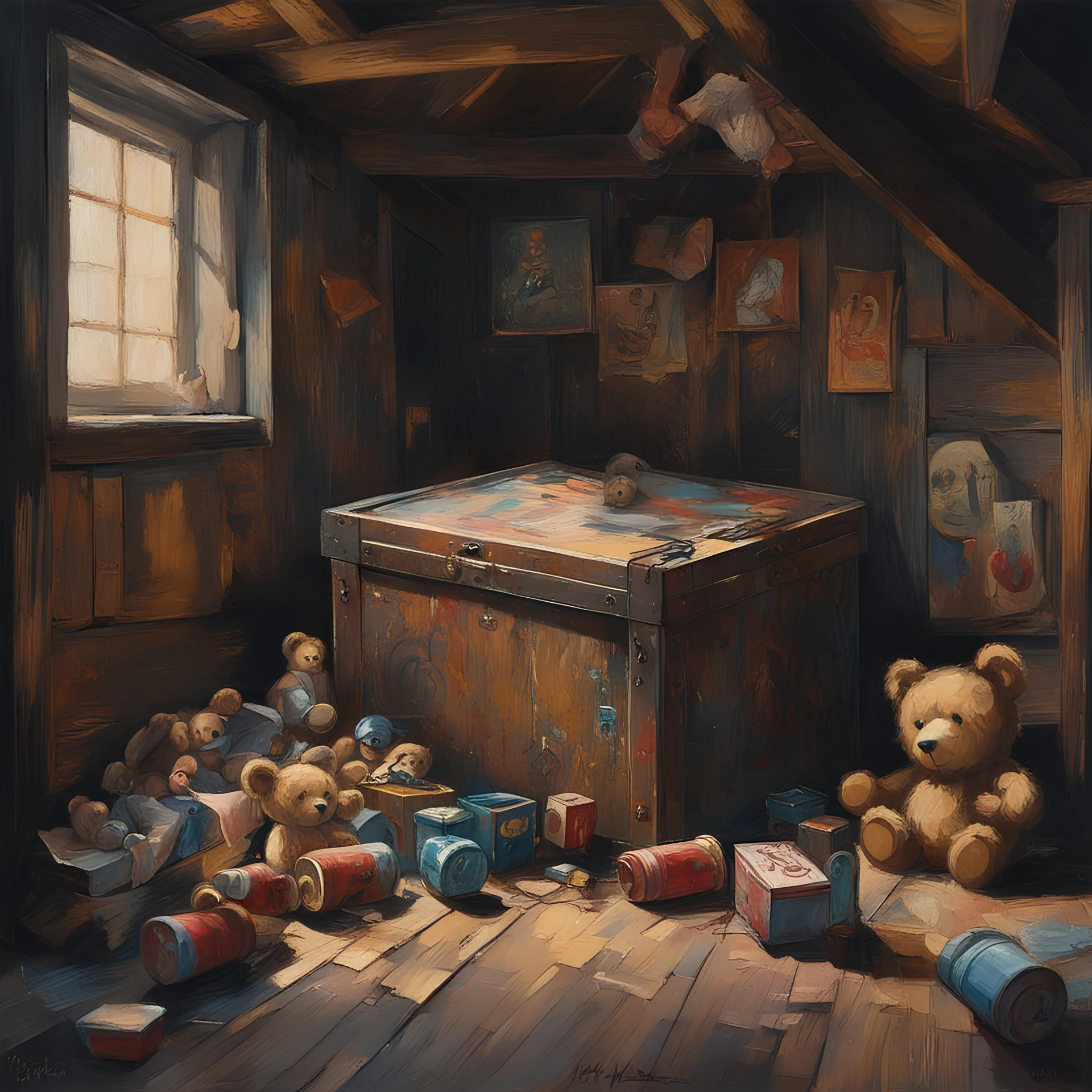 impressionist painting of an antique toy box filled with vintage toys in corner of a dark attic, weathered wood, by Atelier Olschinsky and Ted McKeever, large brush strokes, nostalgic, moody, opulent shadows, cobwebs, solid line work, maudlin, sad limp teddy bear