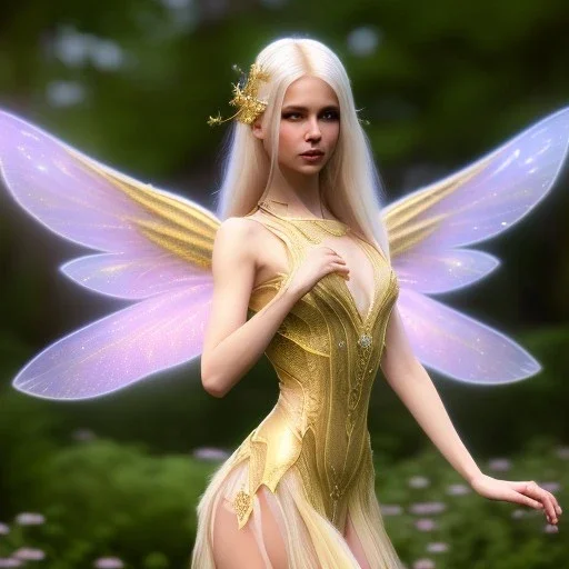 beautiful fairy very etheric, nice smiling, long blond hair, magic glamour pink make up, delicate colors, complete vision of very transparent golden and big wings, beautiful glamour transparent golden dress, ultra sharp focus, 8k, unreal engine 5, extremely sharp detail, light effect, soft light atmosphere, smooth, full of details, face in front, complete vision of face and hair and of the body