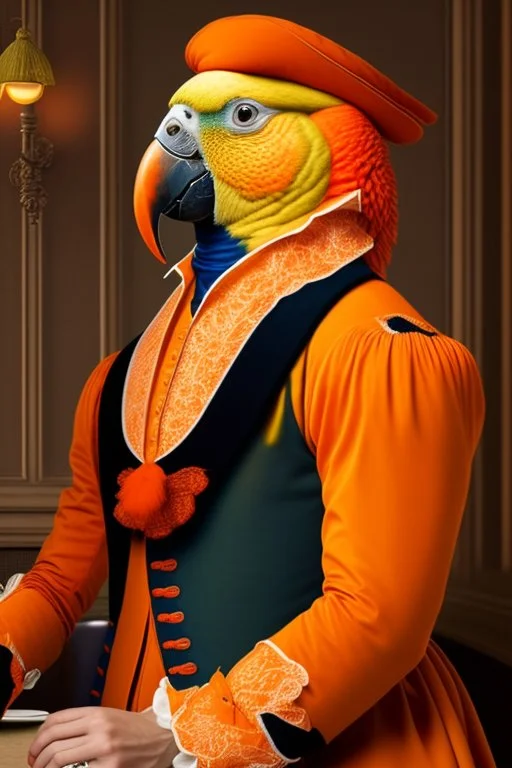 Half parrot half human in a 1700s Orange Dutch uniform in a Dutch cafe