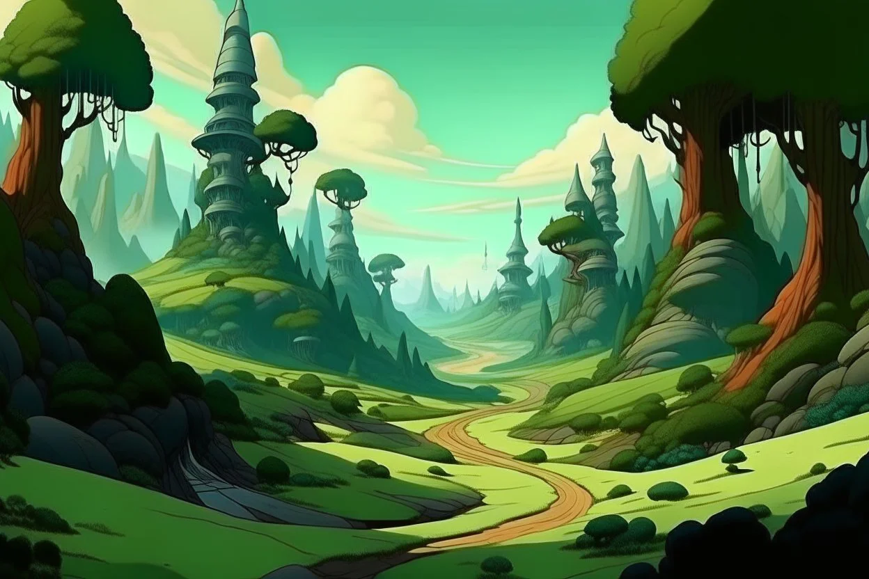 anime landscape, fairytale landscape medieval, dr. seuss landscape, landscape, dark, steep round hills, silly trees