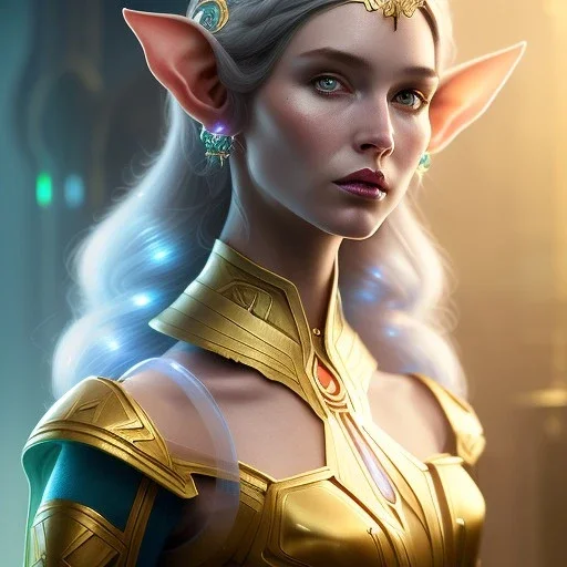 Closeup of a elf priestess in a magic glass laboratory, levitated lab equipment, 4k, Highly Detailed, Masterpiece, Pretty but evil Face, perfect eyes, Digital Illustration, Cinematic Lighting, Realistic, Sharp Focus, Centered, Beautifully Lit, Bioluminescent by Stanley Artgerm Lau