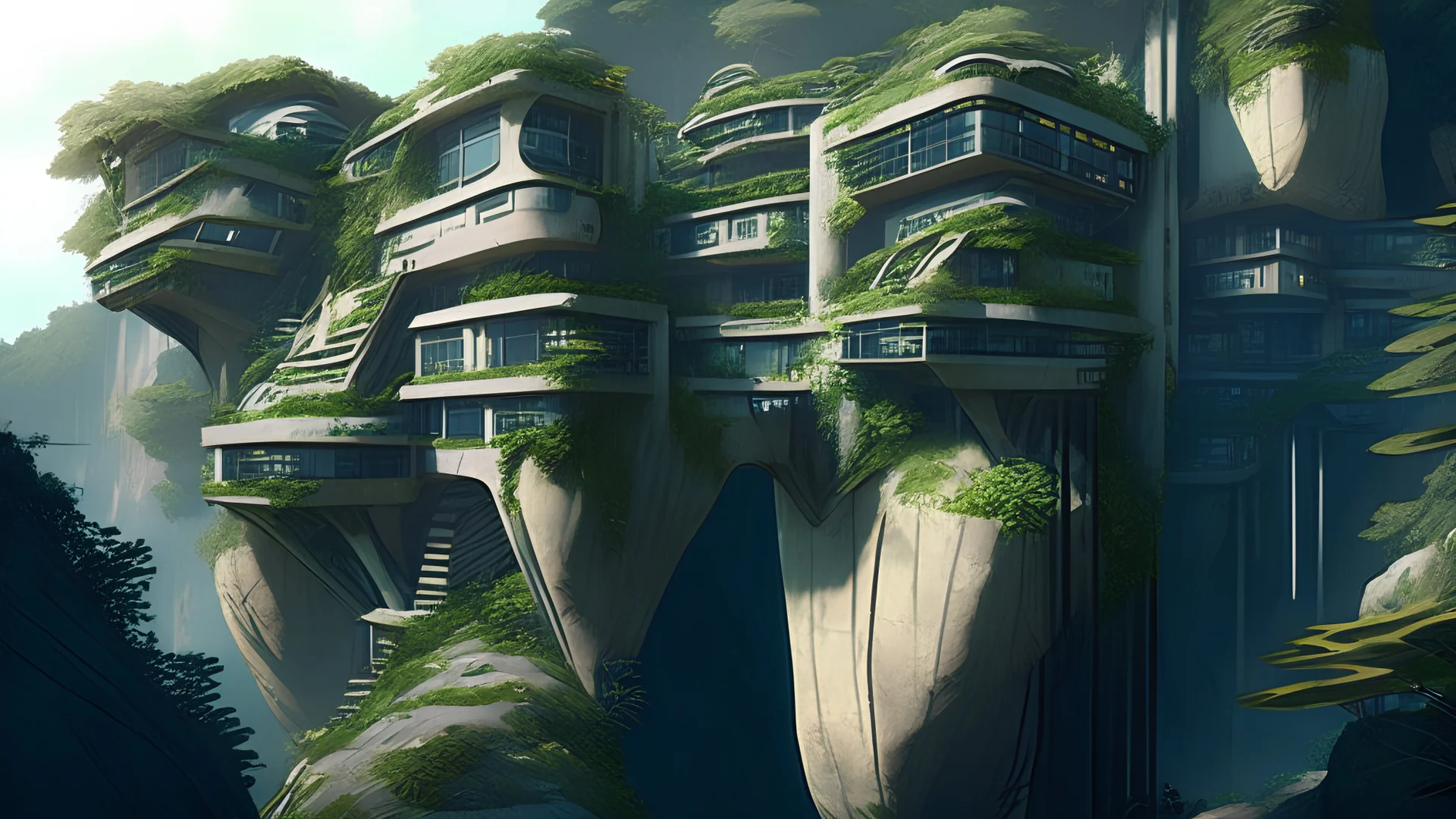 many alien buildings with balconies overhanging a cliff top with bridges and trees and rampant foliage