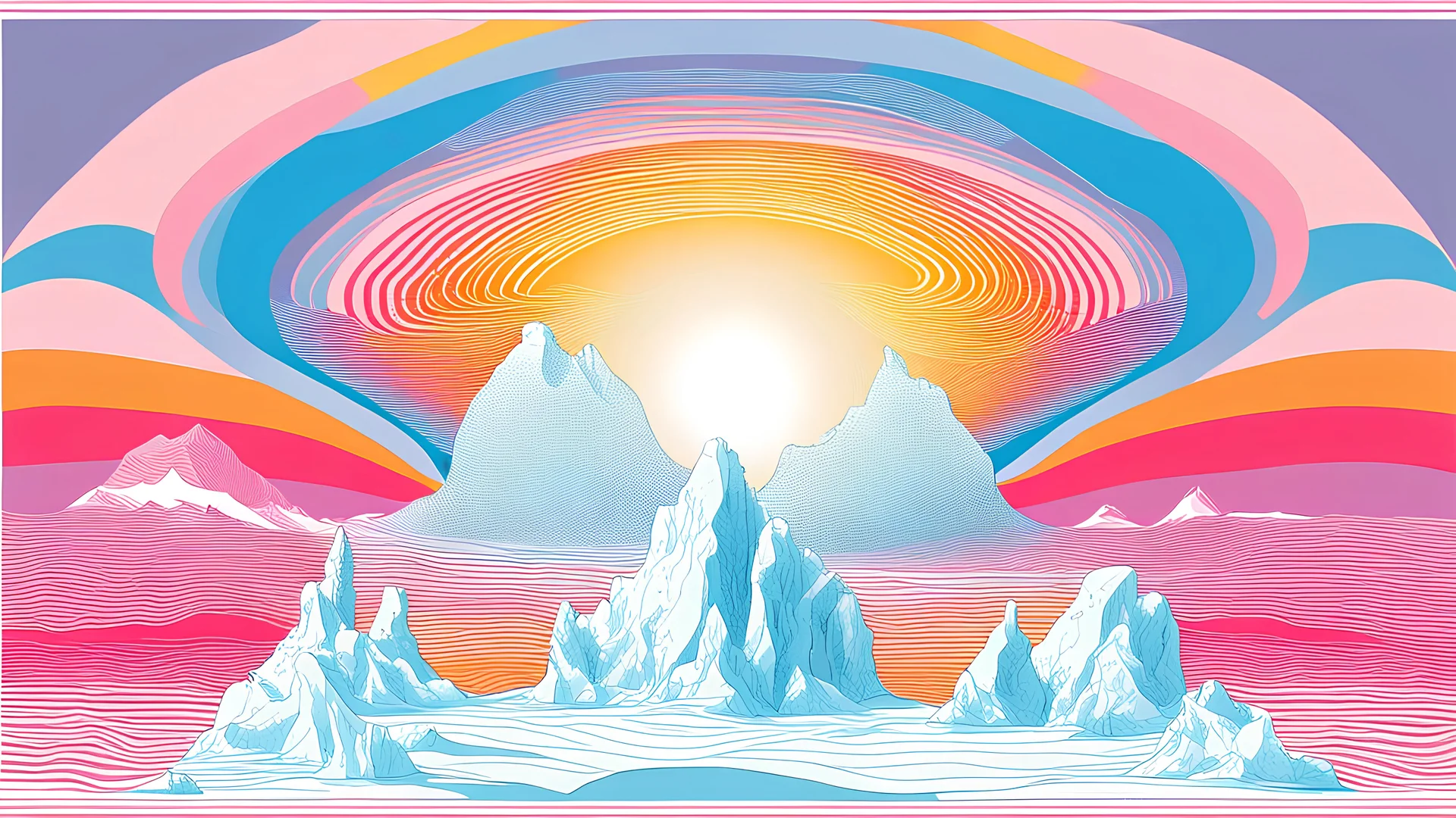 שיפור רזולציה 5120 × 2880 העבר לסיגנון POPART צבעוני The illustration of a fantastical ice kingdom, envisioned as if pulled from the pages of a fairy tale, has been created. It's set in a wide-format pop art style, vibrant and colorful, capturing the mesmerizing beauty of an imaginary realm made of ice.