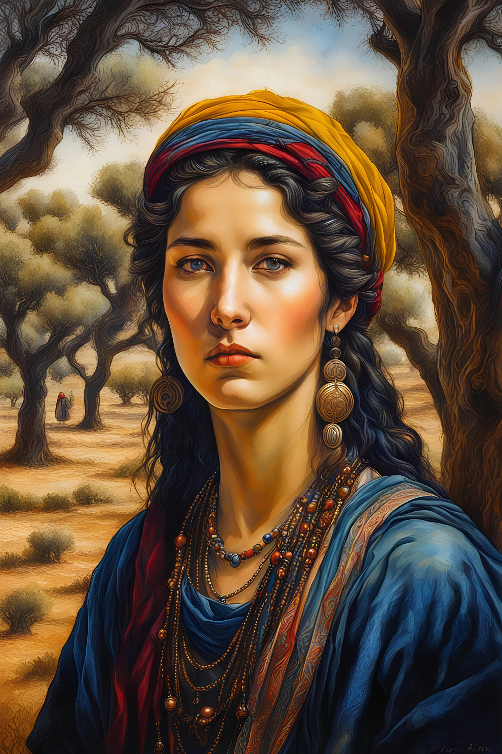 create a classical-abstract-realist fantasy portrait aquatint of a young nomadic tribal shepherdess with highly defined facial features, amidst ancient Andalusian olive trees at harvest time, in the style of Donato Giancola, Hans Memling, Titian, and Caravaggio, 8k, highly detailed, otherworldly , fantastic, vibrant colors