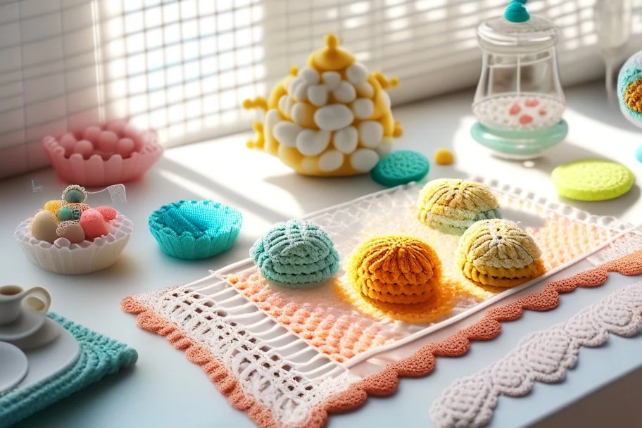 amigurumi desserts, cookies and macarons on lace tablecloth in a modern kitchen in sunshine