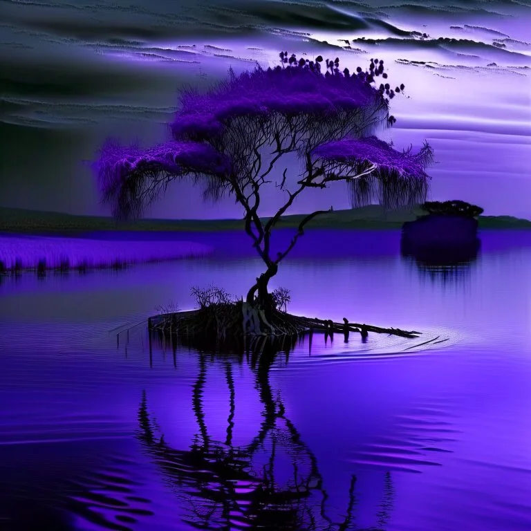 a lonely tree deep purple water