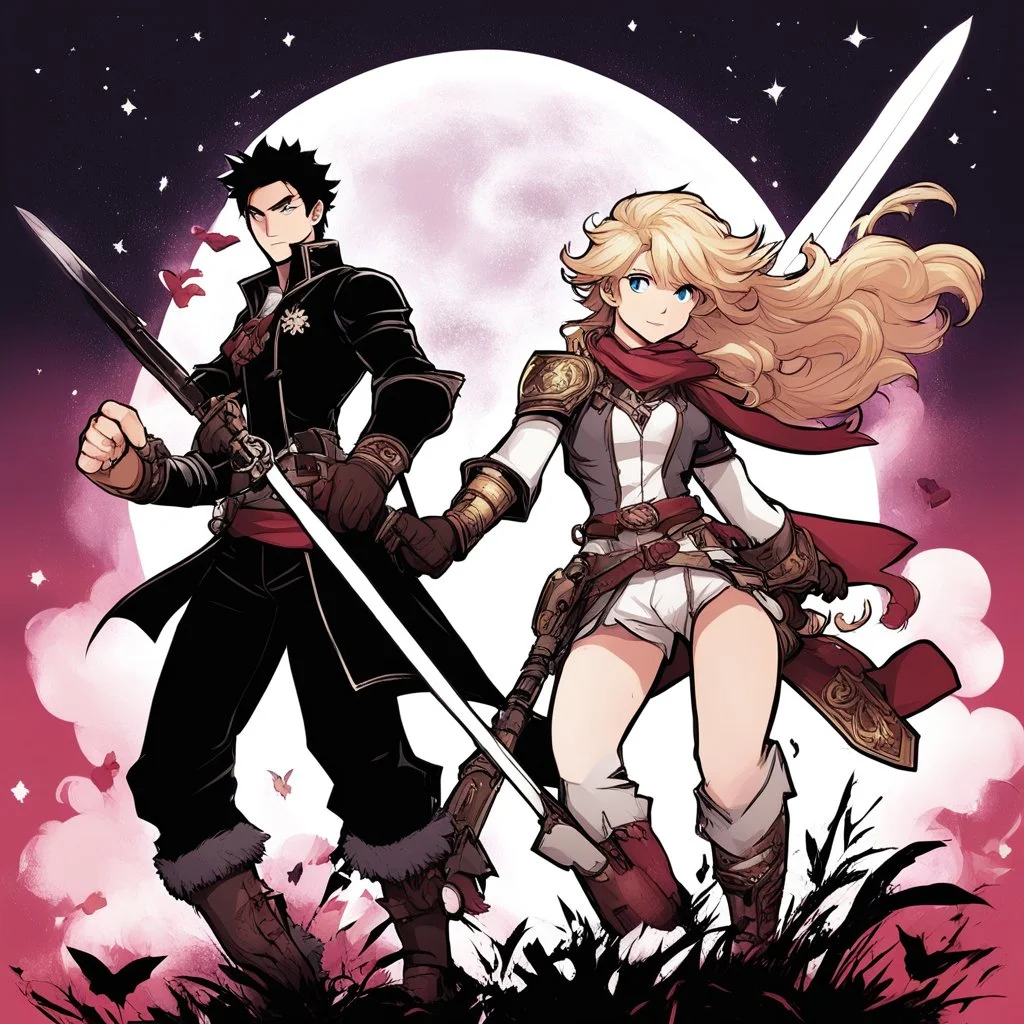[illustration for wii No More Heroes style with thick lines] Epic adventures intertwine with magic and passion. Heroes and heroines battle, fall in love, and explore uncharted worlds where magic, strength, and seduction become integral parts of their fate.