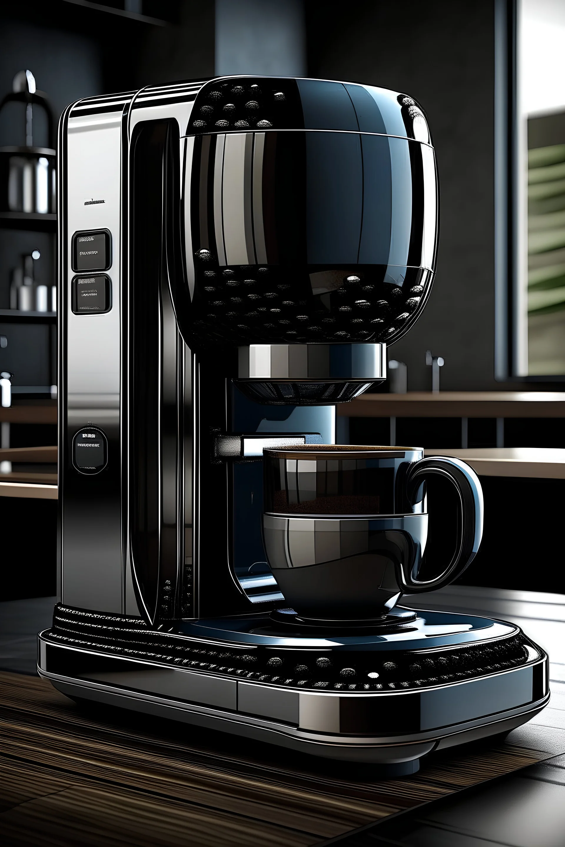 An ultra-advanced and futuristic home coffee maker with a touch screen and a curved shape inspired by bionic coffee beans and with a fun and different and warm color palette made of metal glass and The ability to grind coffee while brewing it
