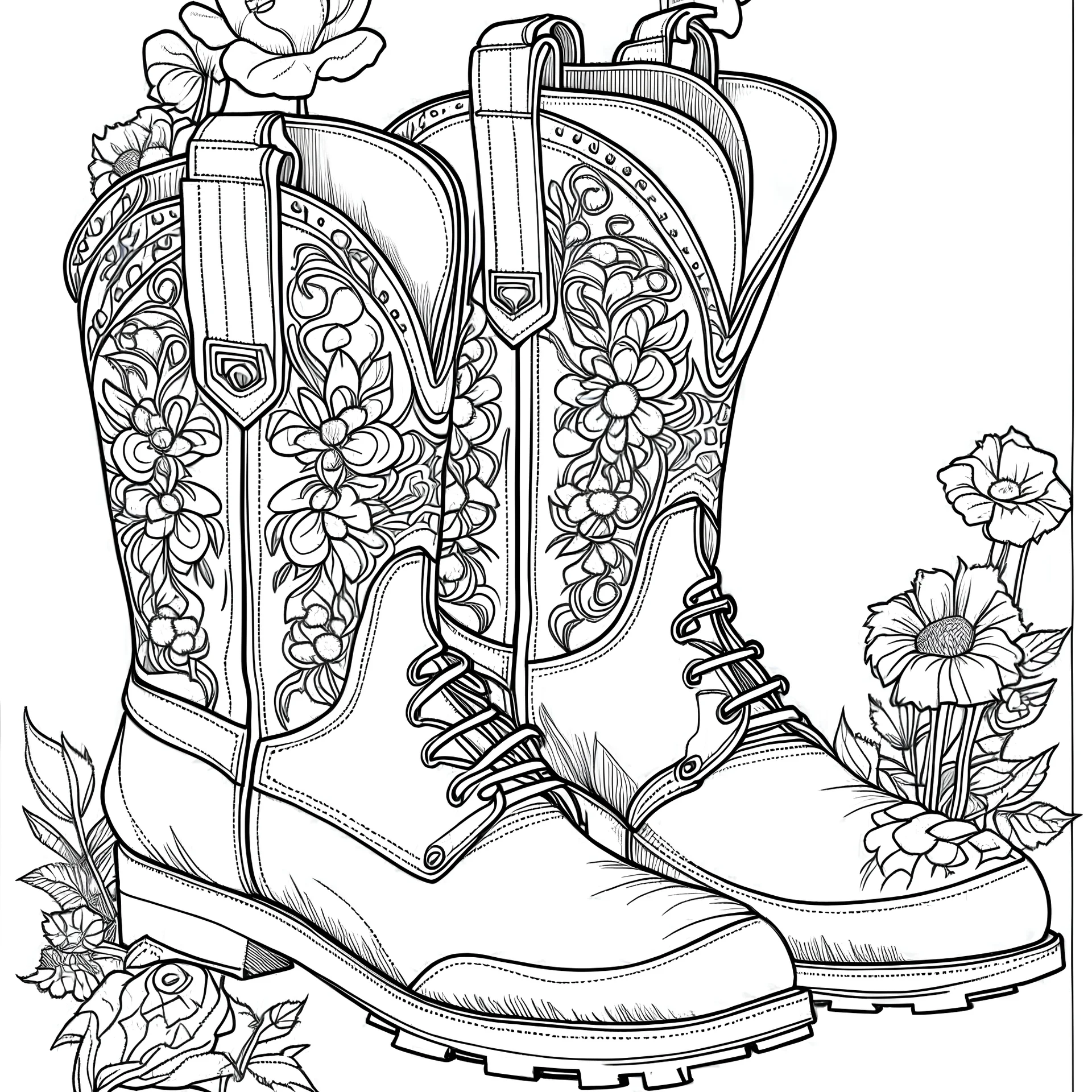 outline art for square cowgirl's boots floral decorated coloring page for kids, classic manga style, anime style, realistic modern cartoon style, white background, sketch style, only use outline, clean line art, no shadows, clear and well outlined