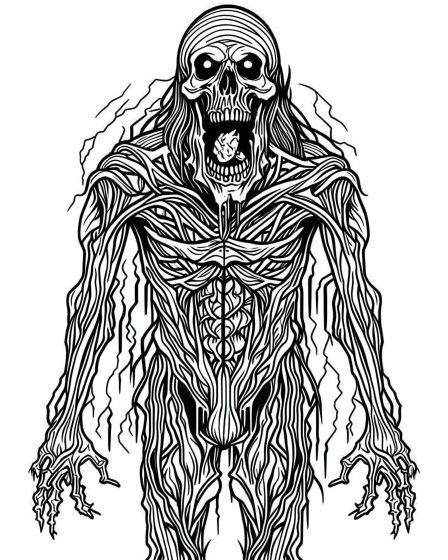 create a 2d black outline, "full body scary psycho monster death coloring book for adults", coloring page, low details design, black contour, coloring page design, coloring page for adults,horror background, black contour and white space beetween contour, same contour,sketch style, horror style, creepy style, minimalist, halloween background,simple, white background